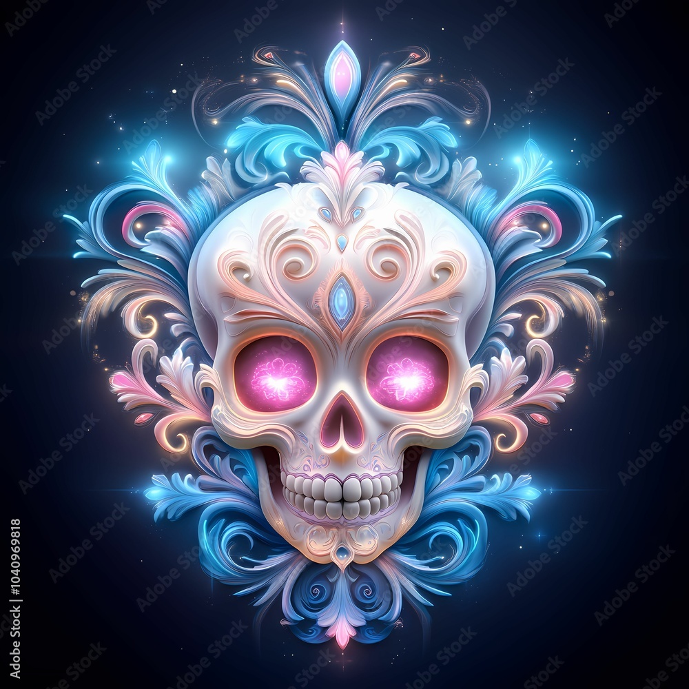 Bright glowing sugar skull with intricate swirls, neon pink and blue, dark background Bright glowing sugar skull with intricate swirls, neon pink and blue, dark background