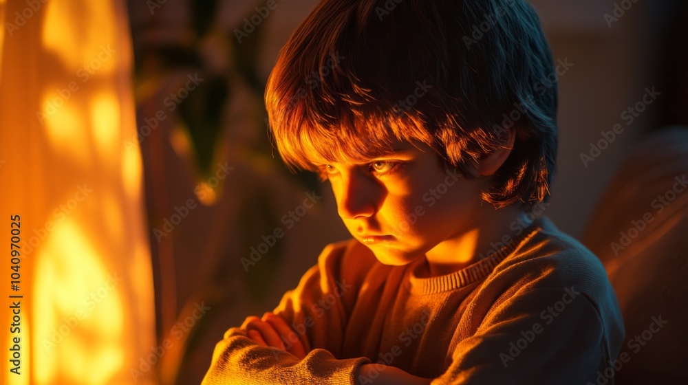 Close-up Portrait of a Young Boy with Arms Crossed in Warm Light Close-up Portrait of a Young Boy with Arms Crossed in Warm Light