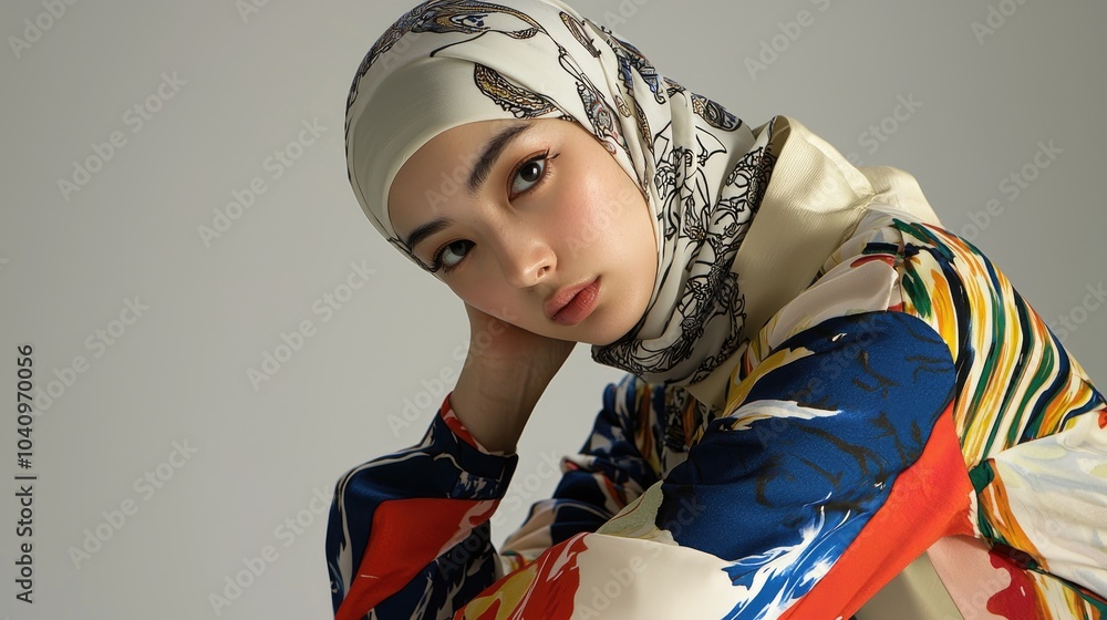 A Woman Wearing a White and Black Floral Headscarf and a Colorful Blouse A Woman Wearing a White and Black Floral Headscarf and a Colorful Blouse