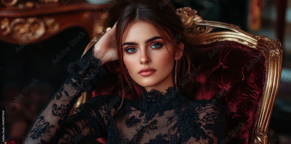 Fototapeta premium Elegant woman exuding grace in a charming vintage setting, showcasing timeless beauty and radiant poise.
