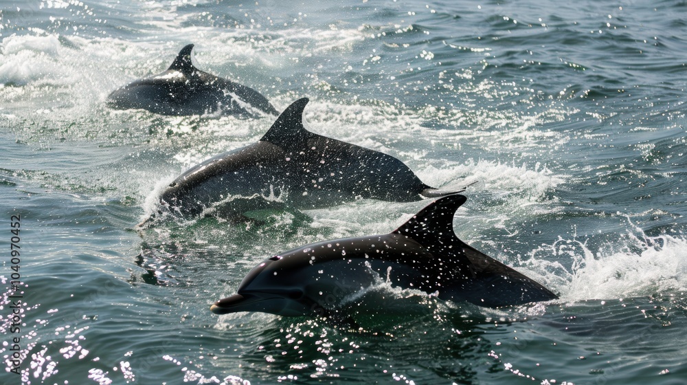 Fototapeta premium Group of Dolphins Swimming and Jumping in Ocean Waves