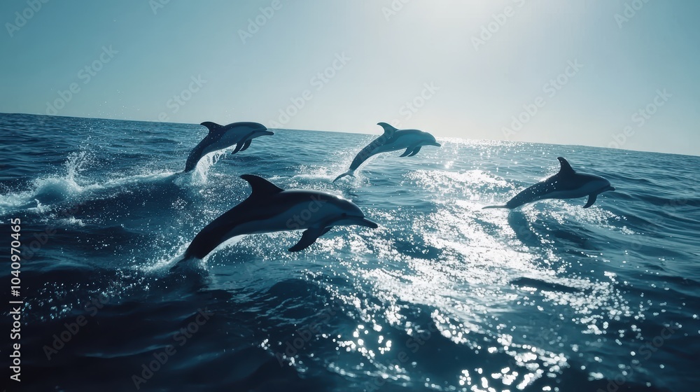 Fototapeta premium Dolphins Jumping in Clear Blue Ocean Waters