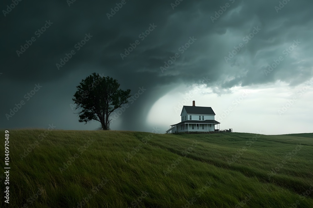 Fototapeta premium A solitary house stands dramatically against dark storm clouds and a looming tornado, highlighting nature's power and isolation.