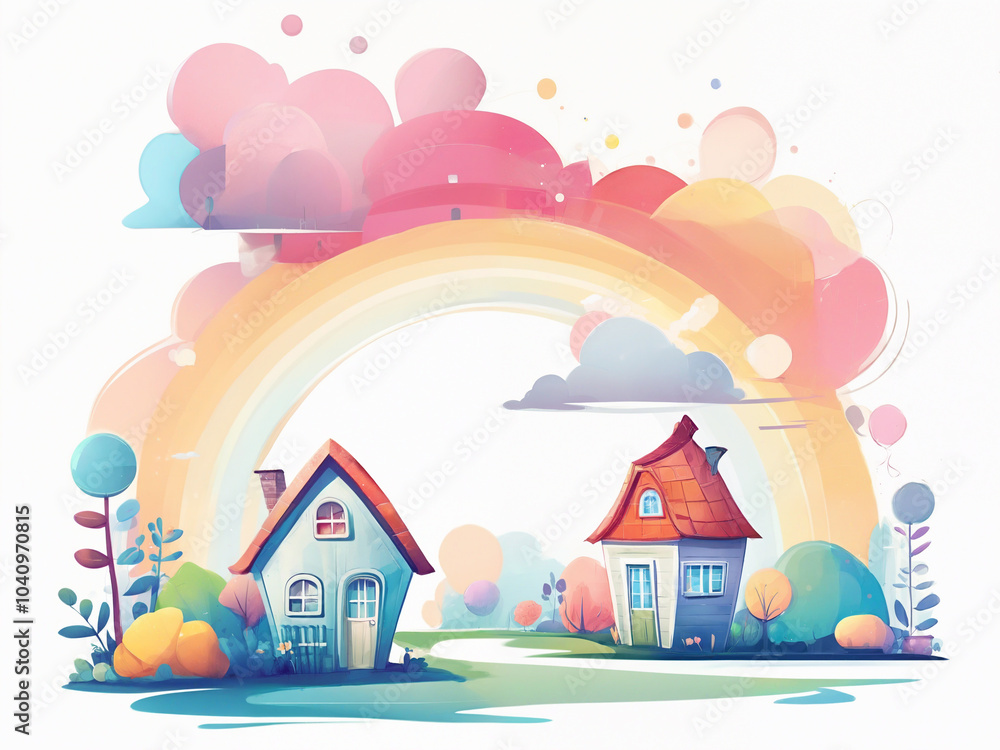 Generated illustration of vibrant colorful isolated cartoon houses with rainbow. Generated illustration of vibrant colorful isolated cartoon houses with rainbow.