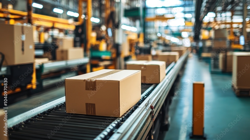 A conveyor belt in a warehouse transports brown cardboard boxes, showcasing an efficient packaging and shipping process in a busy industrial setting. A conveyor belt in a warehouse transports brown cardboard boxes, showcasing an efficient packaging and shipping process in a busy industrial setting.