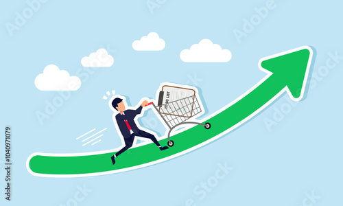 A businessman is pushing a cart filled with a to-do list board up an arrow, illustrating the direct correlation between management performance and business performance