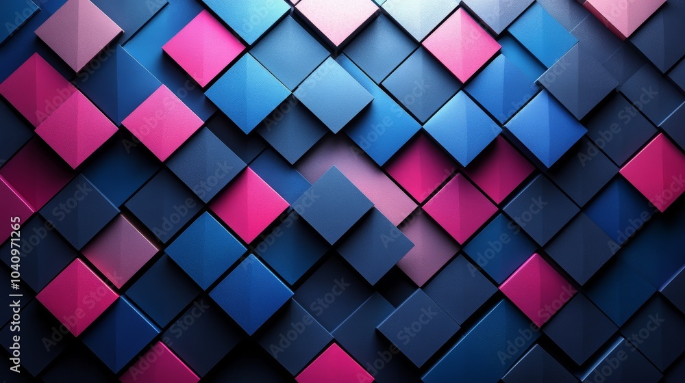 Symmetrical trapeziums in alternating blue and pink, arranged in a geometric 3D grid, soft shadows, high-gloss surfaces, modern and clean aesthetic Symmetrical trapeziums in alternating blue and pink, arranged in a geometric 3D grid, soft shadows, high-gloss surfaces, modern and clean aesthetic