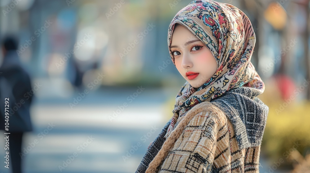 A woman in a floral hijab and patterned coat looks over her shoulder A woman in a floral hijab and patterned coat looks over her shoulder