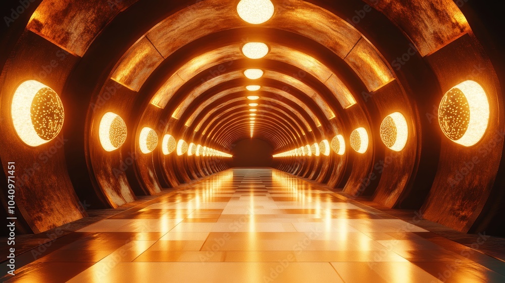 Obraz premium Symmetrical tunnel lined with hovering illuminated globes, warm light casting geometric reflections on a glossy floor, a vision of advanced design
