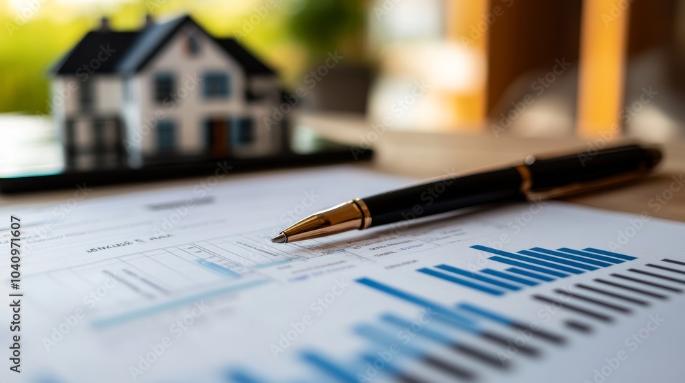 A small model house, a pen, and financial graphs on paper, symbolizing real estate investment and market analysis. A small model house, a pen, and financial graphs on paper, symbolizing real estate investment and market analysis.