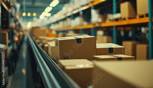 Wallpaper Mural A busy warehouse aisle lined with shelves full of stacked cardboard boxes, emphasizing logistics and inventory management. Torontodigital.ca