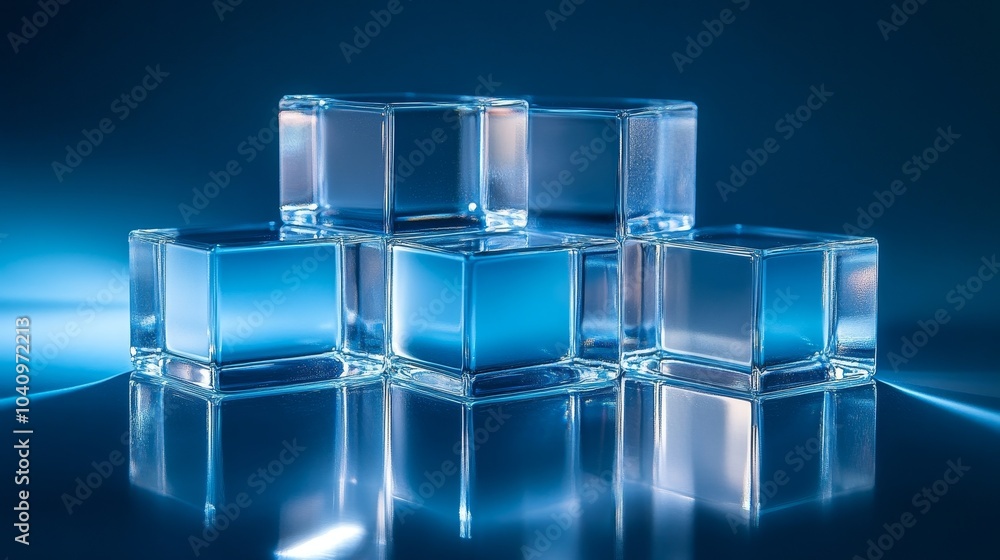 Transparent glass cubes stacked symmetrically, casting subtle reflections on a mirrored surface, dark blue gradient background, high contrast lighting Transparent glass cubes stacked symmetrically, casting subtle reflections on a mirrored surface, dark blue gradient background, high contrast lighting