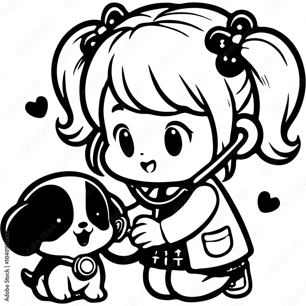 Naklejka premium Little girl plays patient and doctor with her puppy in monochrome. Simple minimalistic vector in black ink drawing on transparent background