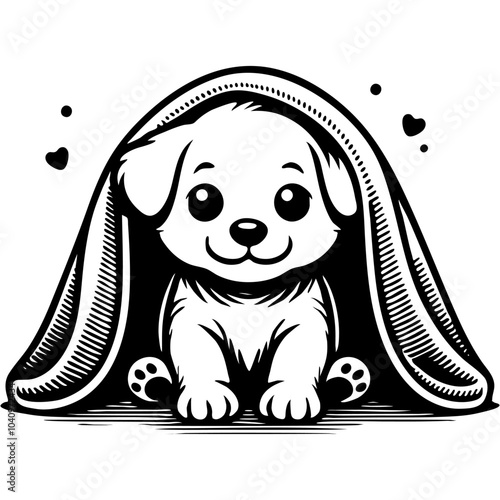 Little Labrador puppy peeking out from under blanket in monochrome. Simple minimalistic vector in black ink drawing on transparent background