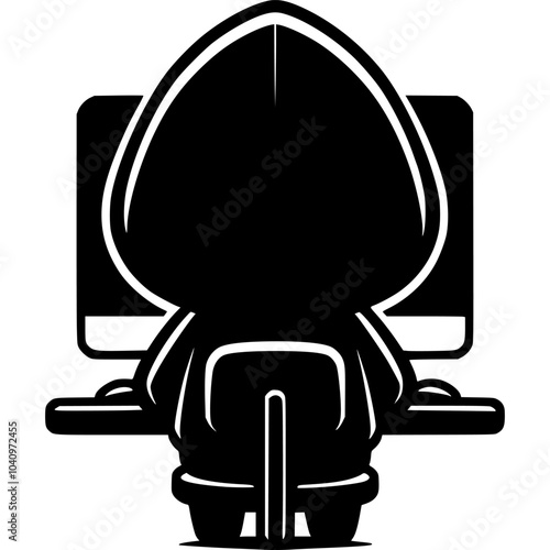 Hacker sits with his back hidden from observer in monochrome. Simple minimalistic vector in black ink drawing on transparent background