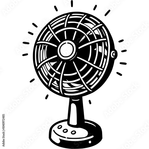 Room fan in monochrome. Electric device for room cooling. Simple minimalistic vector in black ink drawing on transparent background