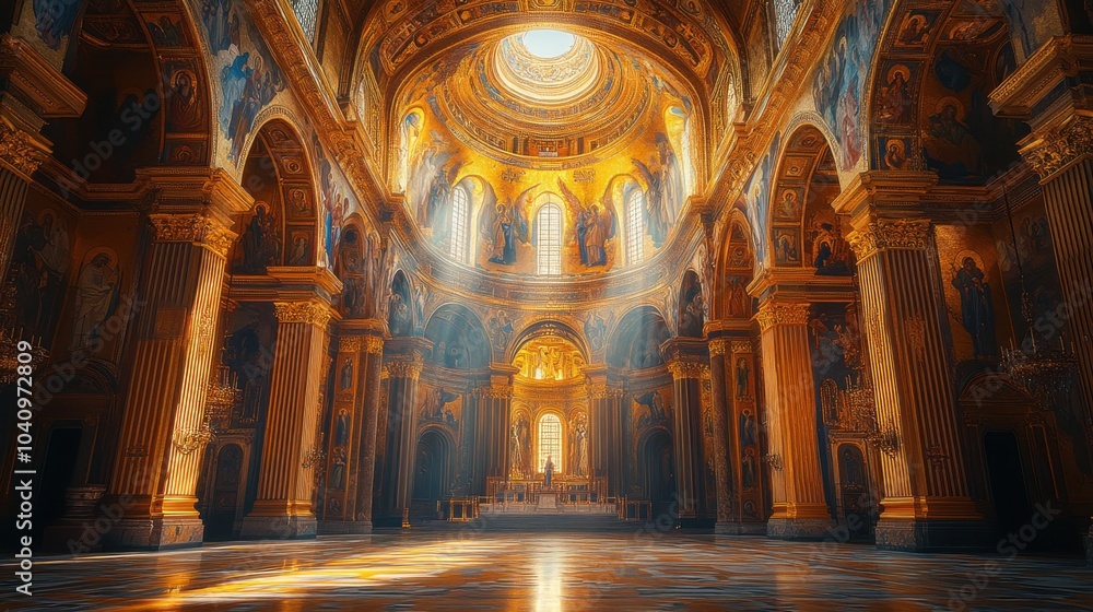 Obraz premium Majestic interior of a grand cathedral with golden light.