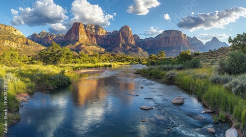 Scenic view of a river flowing through a mountainous landscape.