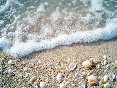 A serene beach scene featuring soft waves lapping against the shore, scattered seashells, and fine sand for a tranquil coastal atmosphere.