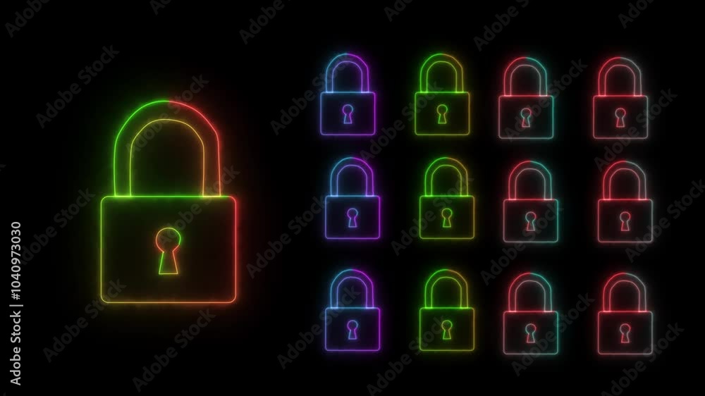 Glowing neon lock animation icon security privacy password protection safety animated on black background Glowing neon lock animation icon security privacy password protection safety animated on black background