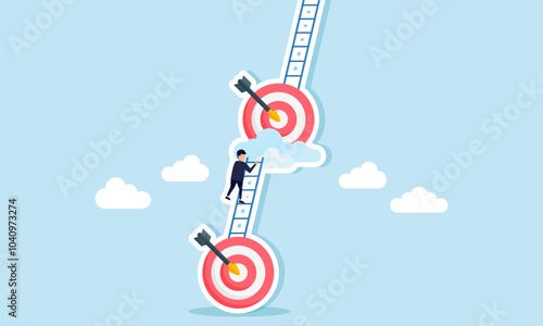 A businessman climbing a ladder connected to a target board, illustration of step-by-step completion of company business targets