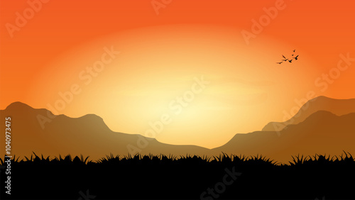 graphics drawing landscape view outdoor of sunset with grass on the ground for wallpaper background vector illustration