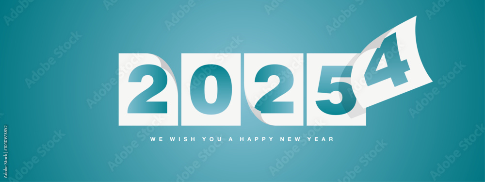 Happy New Year 2025 greeting card design template on sea green turquoise background. New Year 2025 start concept. The wind turns old calendar year and the new year begins Happy New Year 2025 greeting card design template on sea green turquoise background. New Year 2025 start concept. The wind turns old calendar year and the new year begins