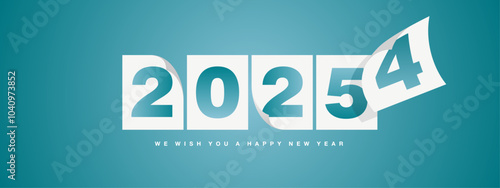 Happy New Year 2025 greeting card design template on sea green turquoise background. New Year 2025 start concept. The wind turns old calendar year and the new year begins