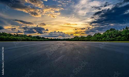 Empty asphalt road leading towards a sunset sky with a line of green trees and clouds in the background.