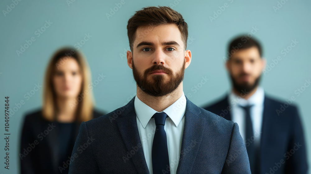 A focused individual stands in the foreground, flanked by two others, all dressed in business attire against a neutral background. A focused individual stands in the foreground, flanked by two others, all dressed in business attire against a neutral background.