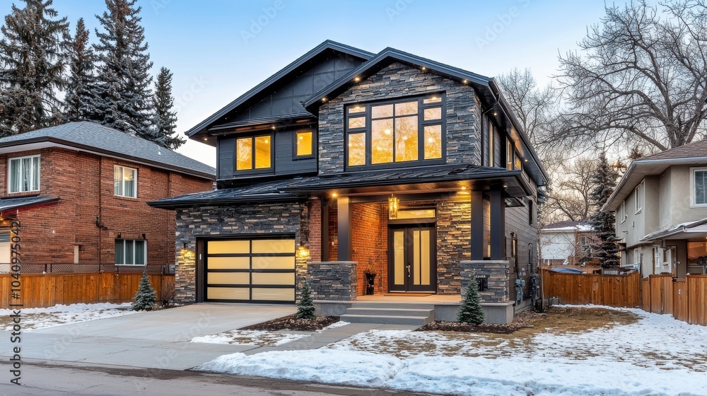 Modern Residential Home with Stone Facade at Dusk Modern Residential Home with Stone Facade at Dusk