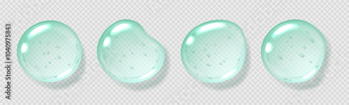 Mint serum drops, transparent gel droplets, realistic glossy liquid, moisturizing cosmetic product, hyaluronic acid or fresh gel toothpaste concept. Vector illustration.