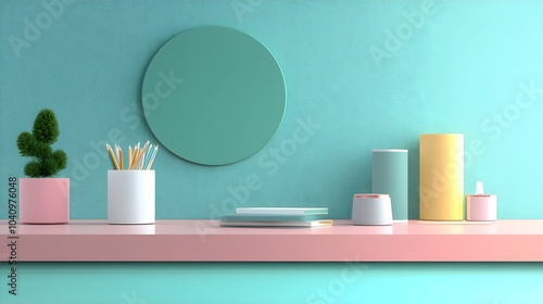 Minimalist Workspace with Pastel Colors and Geometric Shapes