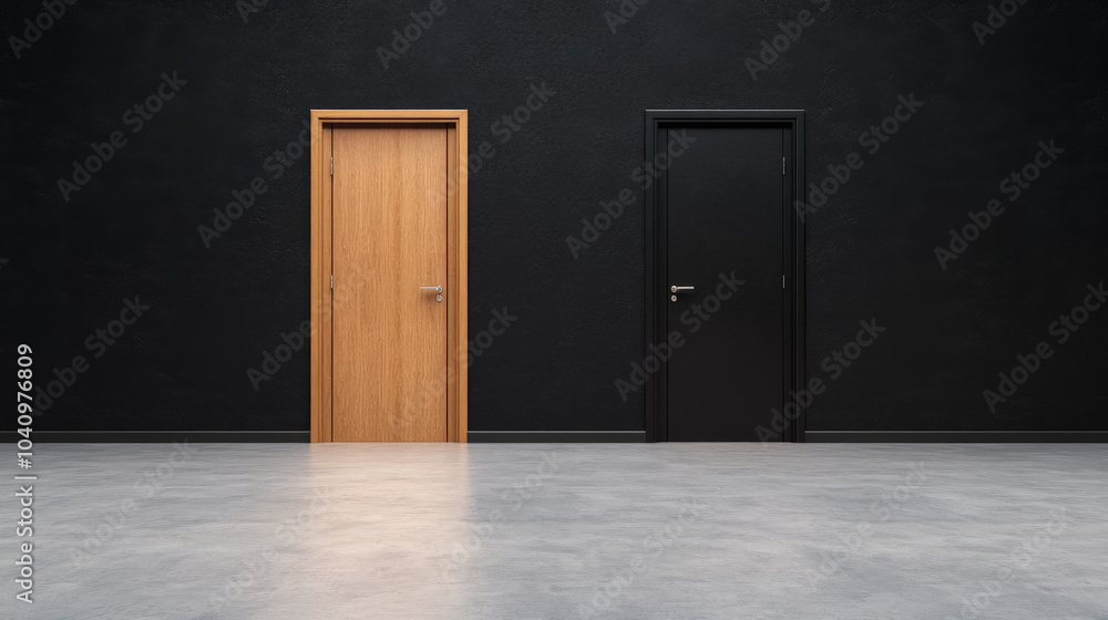 modern hallway featuring two contrasting doors, one wooden and one black, set against dark wall. minimalist design creates sense of intrigue and choice modern hallway featuring two contrasting doors, one wooden and one black, set against dark wall. minimalist design creates sense of intrigue and choice