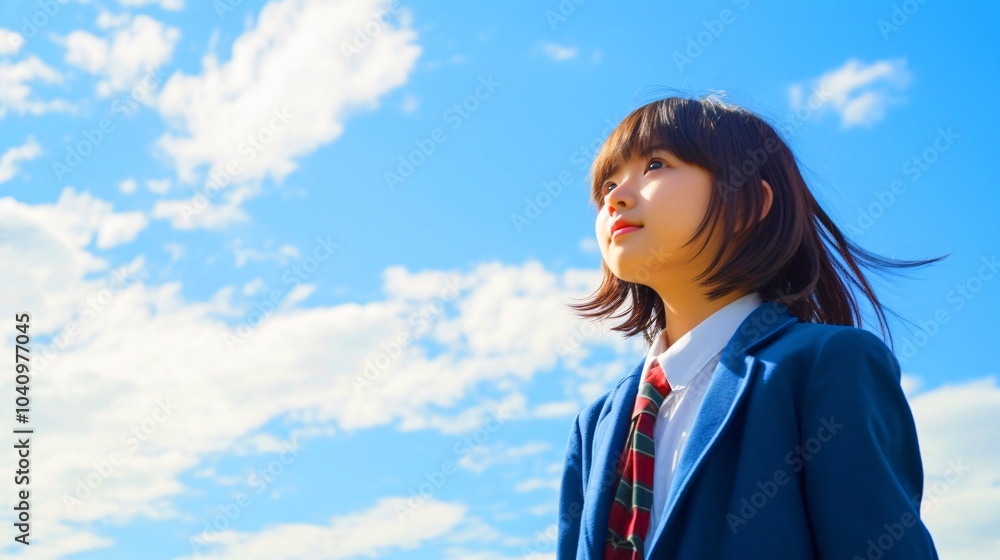 青い空を見上げる女子学生、日本人の女の子 青い空を見上げる女子学生、日本人の女の子