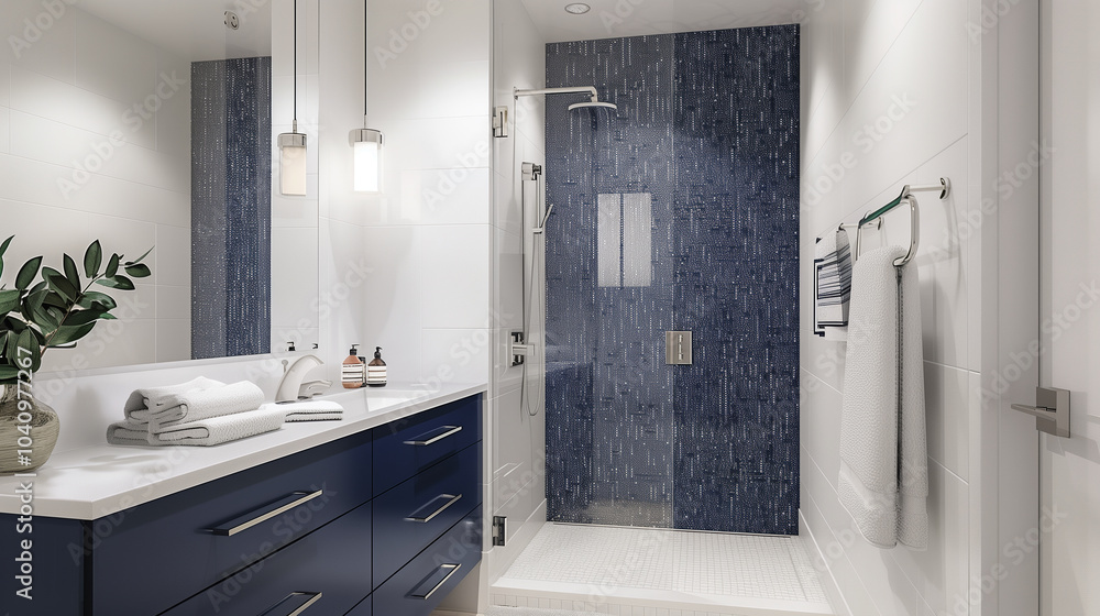Contemporary bathroom with white walls, a navy blue vanity, blue mosaic tiles in the shower, and white towels, creating a sleek and serene space. interior design concept Contemporary bathroom with white walls, a navy blue vanity, blue mosaic tiles in the shower, and white towels, creating a sleek and serene space. interior design concept