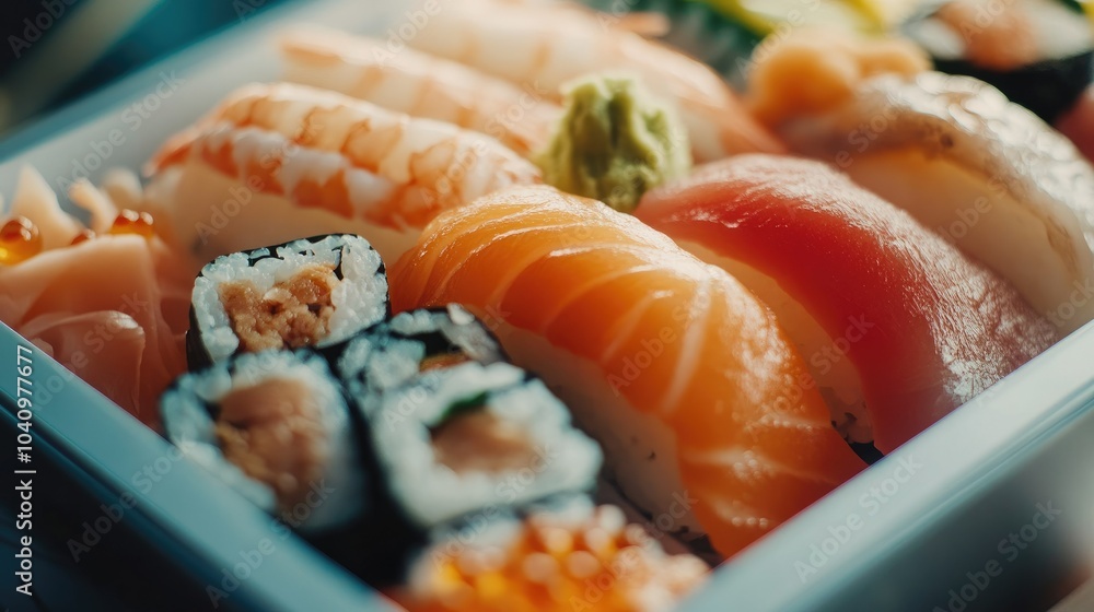 Close-up of a Japanese bento box with sushi rolls and sashimi, presented with minimalist tableware. Traditional Japanese food styling. Close-up of a Japanese bento box with sushi rolls and sashimi, presented with minimalist tableware. Traditional Japanese food styling.