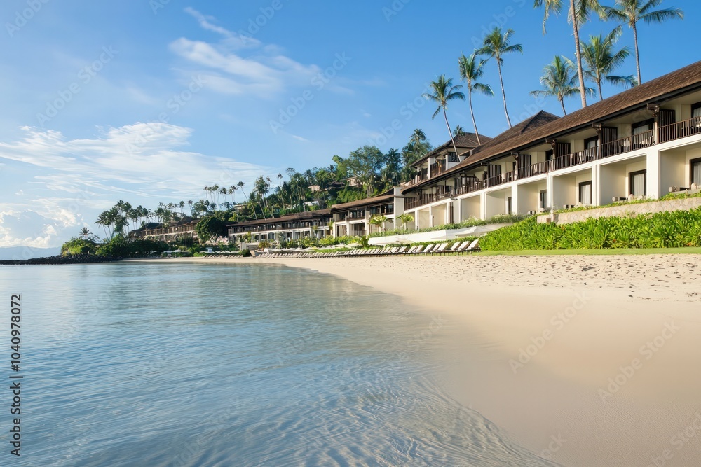 Obraz premium Serene Coastal Resort with Palm Trees and Tranquil Waters in a Tropical Paradise Setting