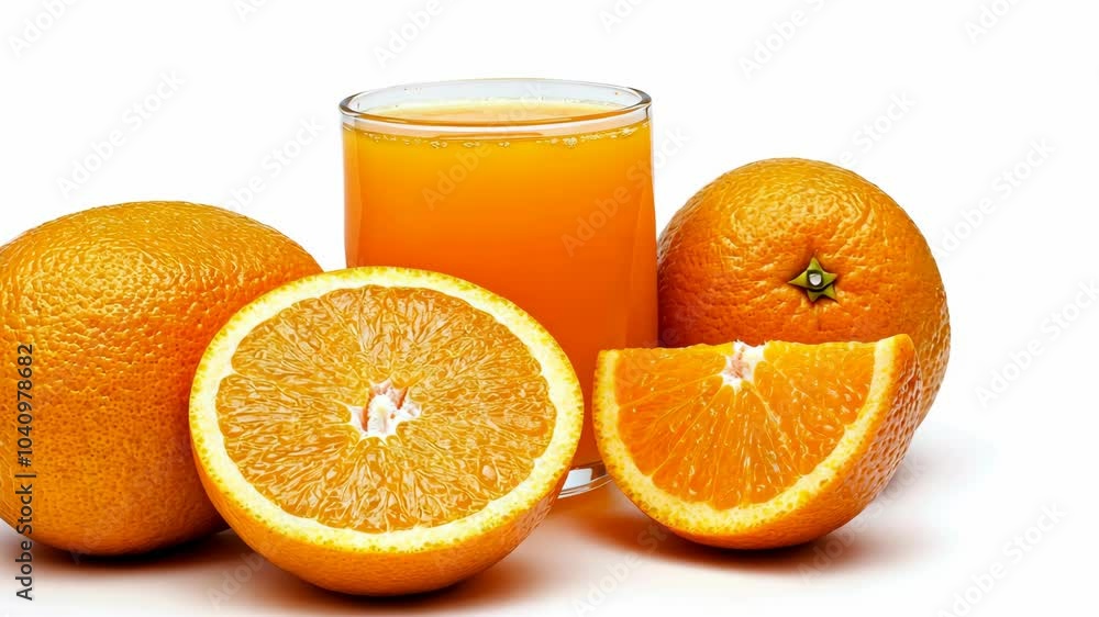 A glass of orange juice sits next to three oranges, one sliced in half, and a wedge A glass of orange juice sits next to three oranges, one sliced in half, and a wedge