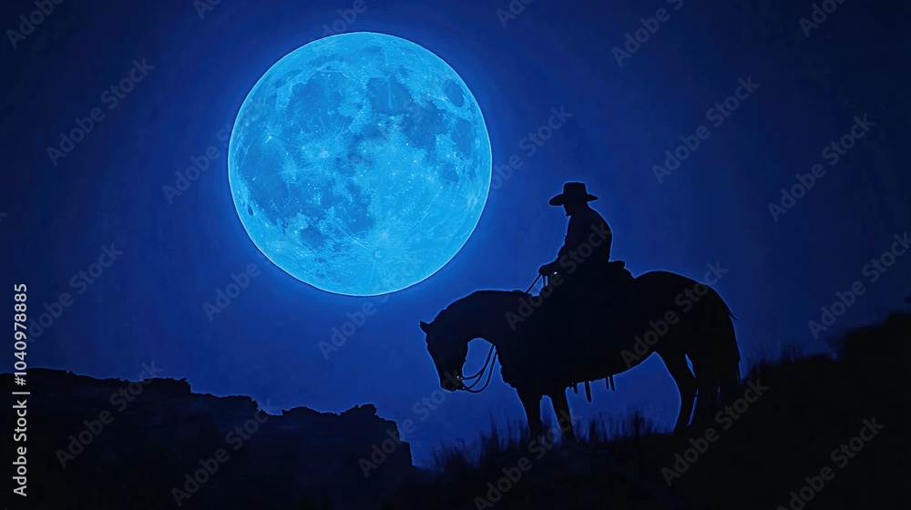 Cowboy on horseback, silhouetted against a bright blue full moon, capturing a classic Western feel. Cowboy on horseback, silhouetted against a bright blue full moon, capturing a classic Western feel.