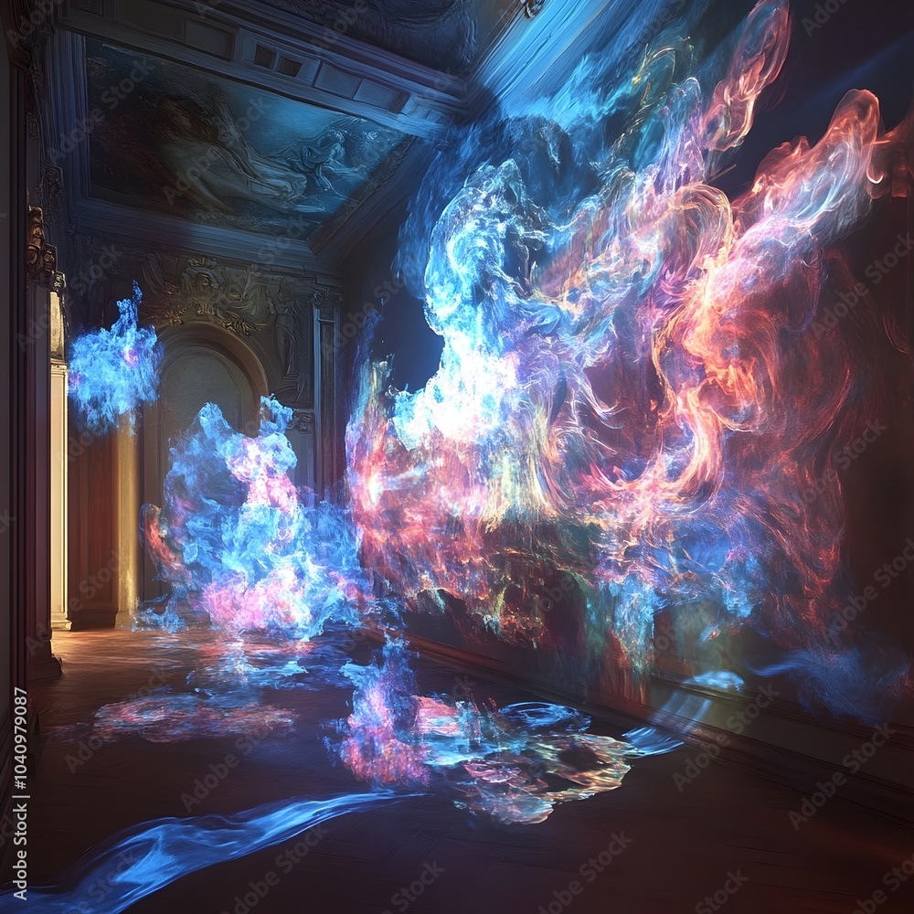 Fototapeta premium Dynamic Fusion of Classical and Modern Artworks in Futuristic Holographic Projection