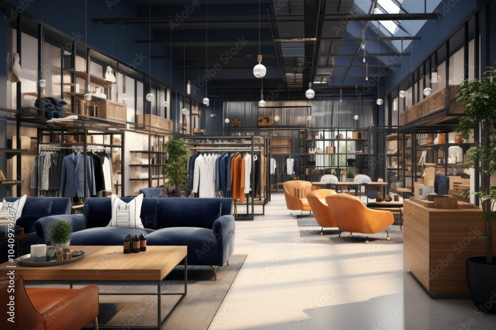 Modern showroom with clothes, furniture, and plants. Modern showroom with clothes, furniture, and plants.