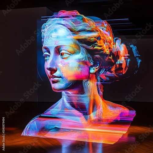 Futuristic Holographic Reimagined Classical Art with Abstract Expressionistic Blending and Sculptural Materialization photo