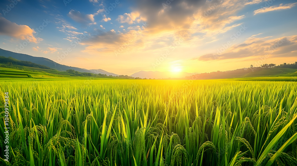 rice fields in the morning with sky sunrise rice fields in the morning with sky sunrise