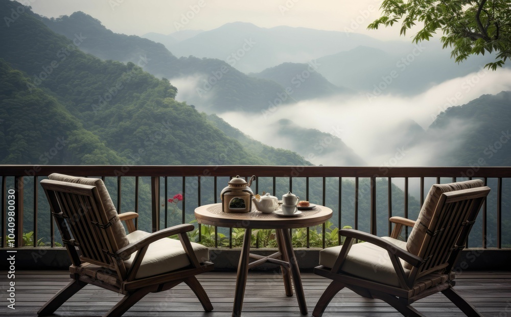 Fototapeta premium Two chairs and a table on a mountaintop deck overlooking