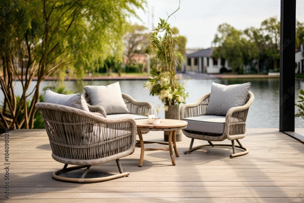 Wicker chairs and table on a wooden deck by the Wicker chairs and table on a wooden deck by the