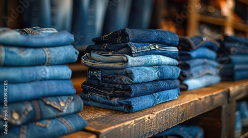 Stack of Denim Jeans in a Clothing Store