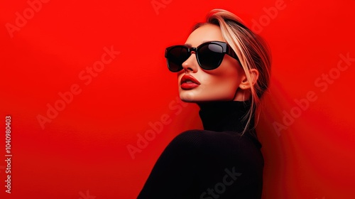 Fashionable woman in a black outfit and dark sunglasses on a bold red background, stylish banner design, luxury appeal, red-hot look