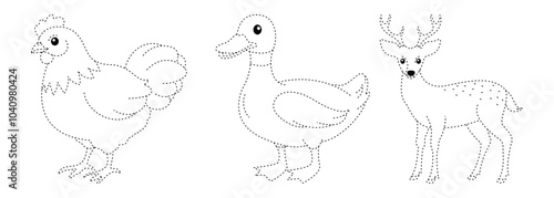Animal Tracing Line for Worksheet, Chicken, Duck and Deer Tracing Line