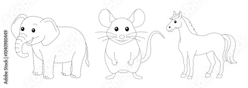 Animal Tracing Line for Worksheet, Elephant, Mouse and Horse Tracing Line